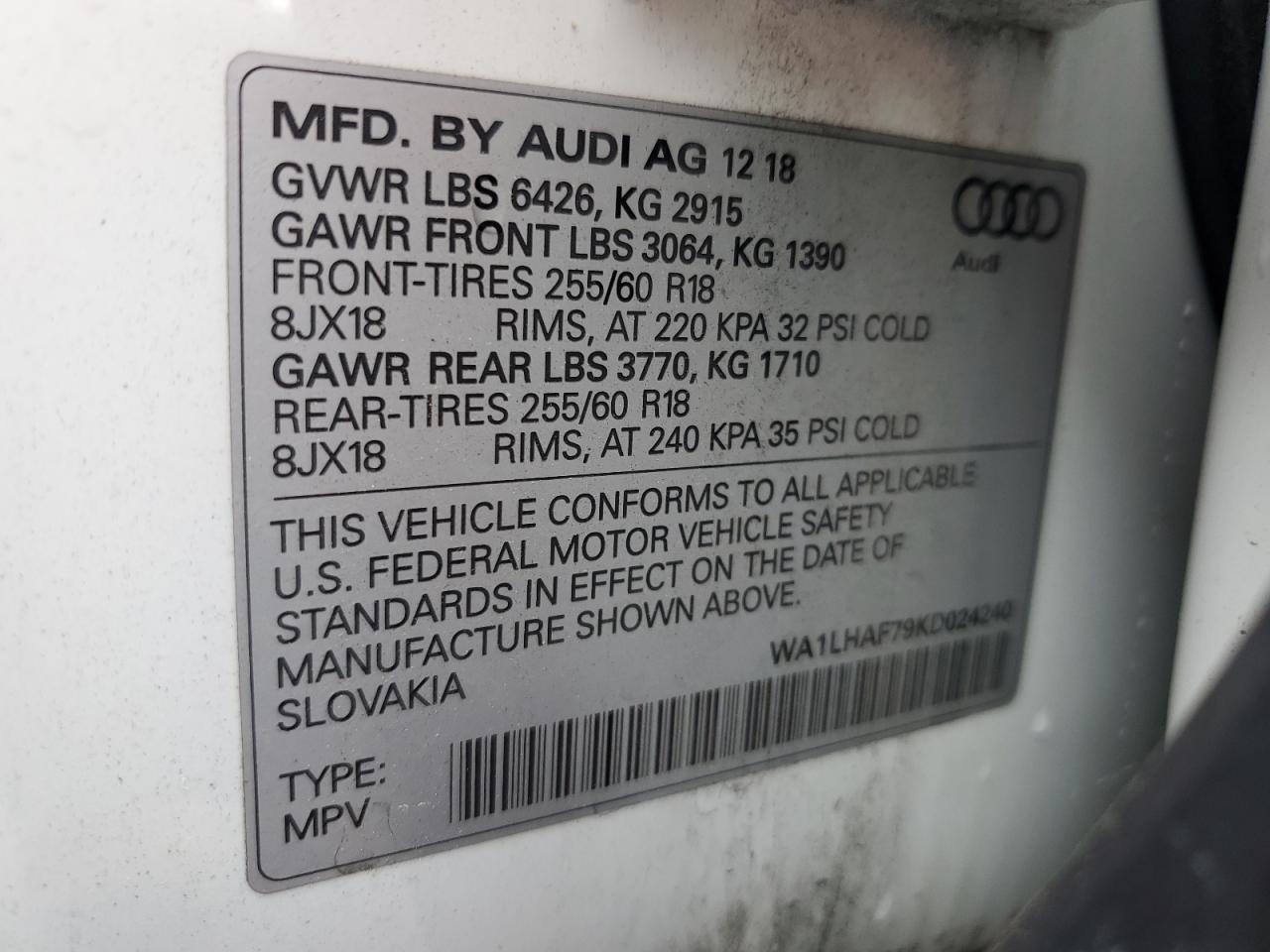 2019 Audi Q7 Premium Plus VIN: WA1LHAF79KD024240 Lot: 57063645
