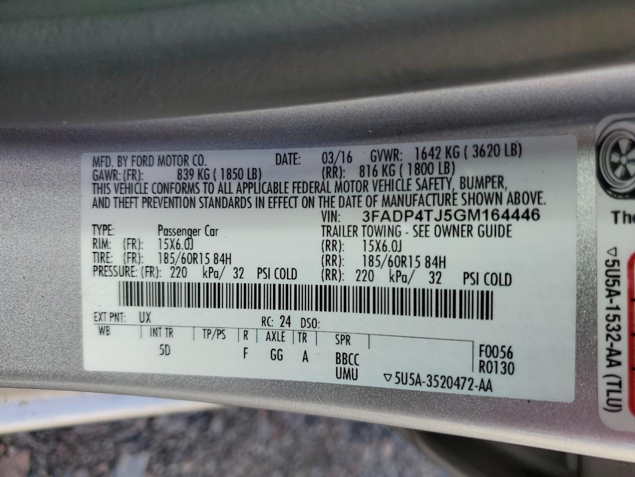 2016 Ford Fiesta S VIN: 3FADP4TJ5GM164446 Lot: 56639745