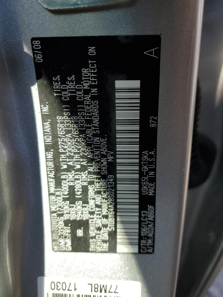 2008 Toyota Sequoia Sr5 VIN: 5TDBY64A28S021349 Lot: 56047935