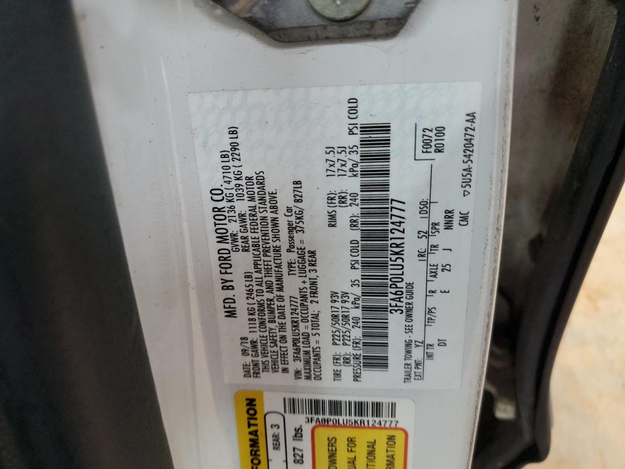 2019 Ford Fusion Se VIN: 3FA6P0LU5KR124777 Lot: 54038475