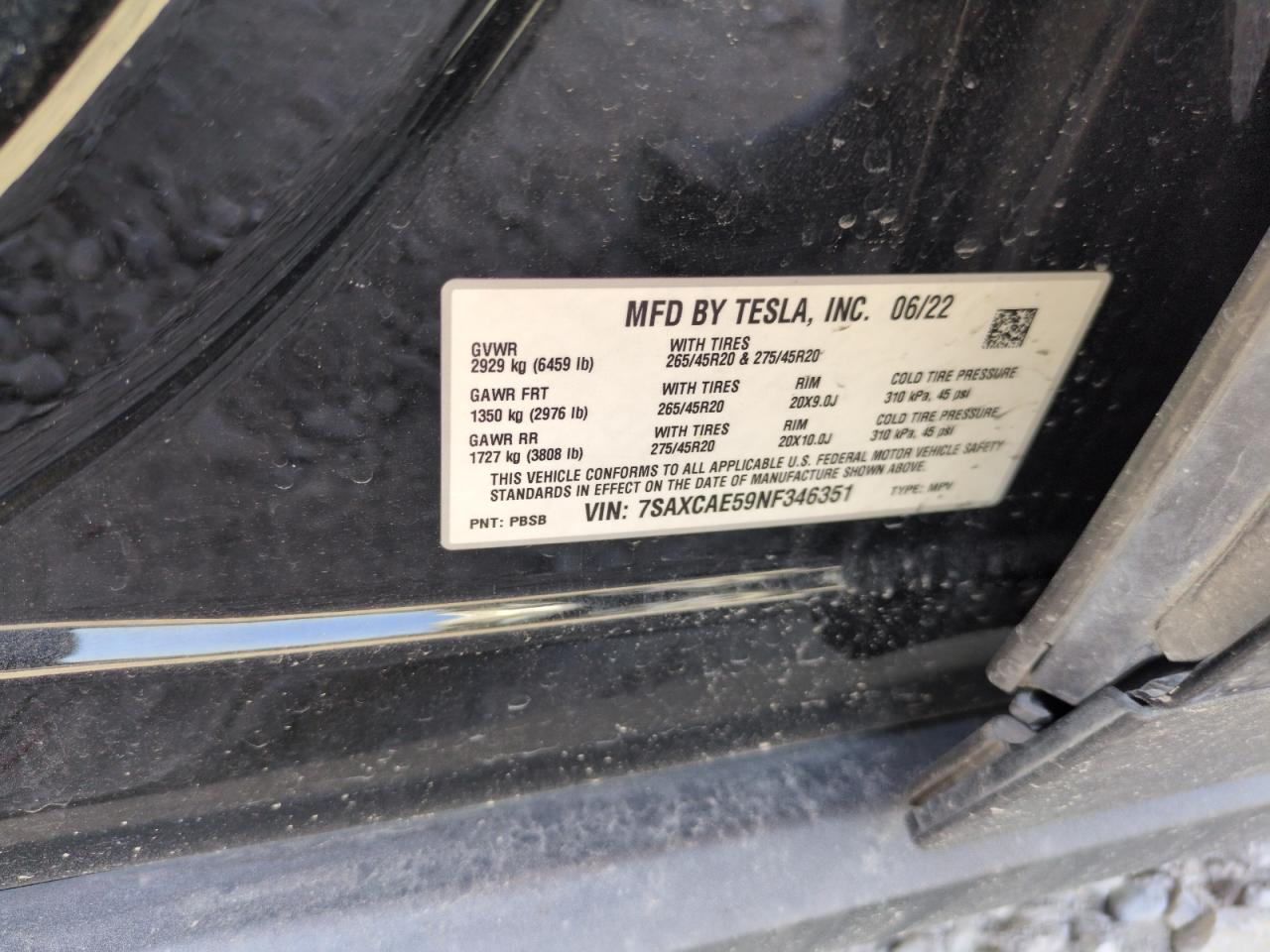 2022 Tesla Model X VIN: 7SAXCAE59NF346351 Lot: 59133695