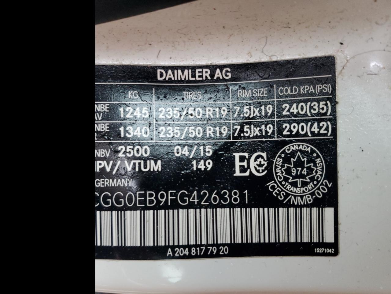 2015 Mercedes-Benz Glk 250 Bluetec VIN: WDCGG0EB9FG426381 Lot: 57996175