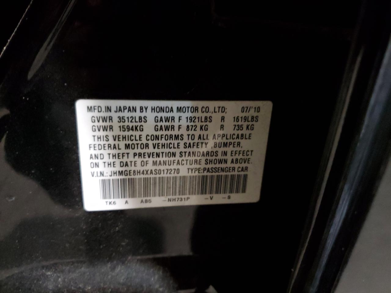 2010 Honda Fit Sport VIN: JHMGE8H4XAS017270 Lot: 56102085