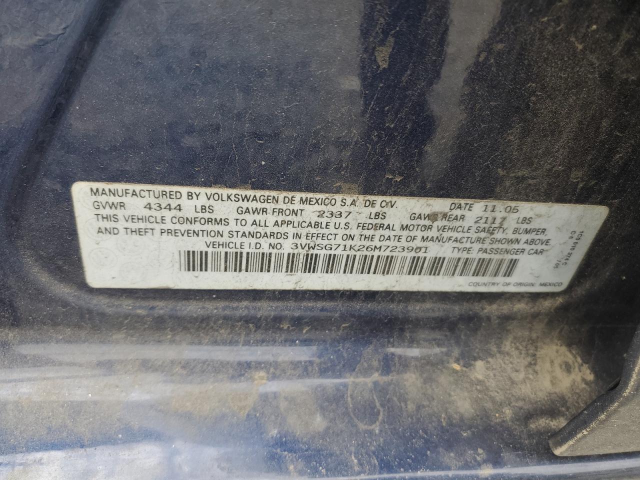 2006 Volkswagen Jetta 2.5 Option Package 1 VIN: 3VWSG71K26M723901 Lot: 54797055