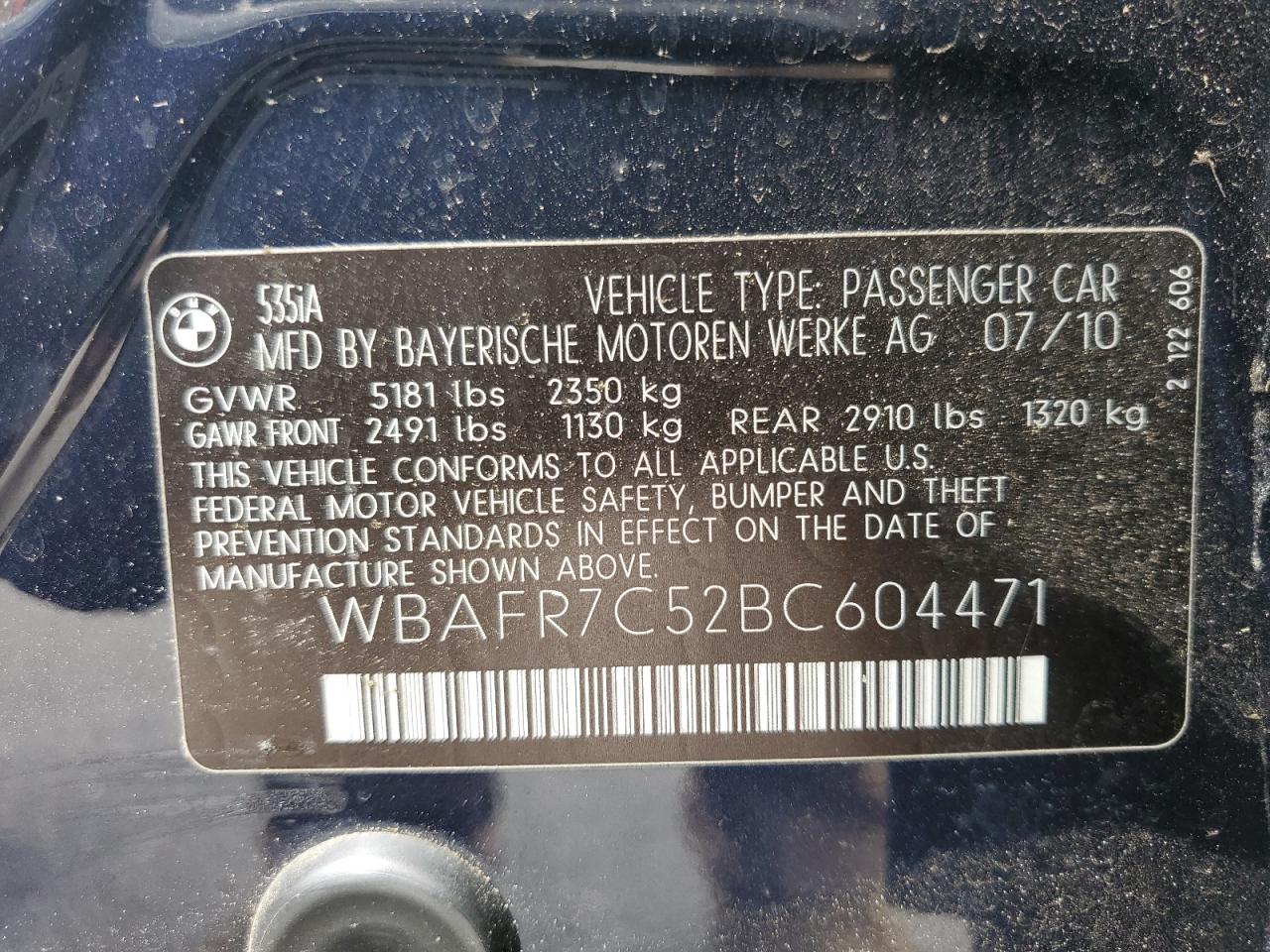 2011 BMW 535 I VIN: WBAFR7C52BC604471 Lot: 57076375