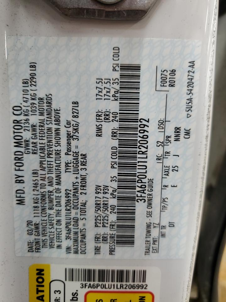 2020 Ford Fusion Se VIN: 3FA6P0LU1LR206992 Lot: 54028035