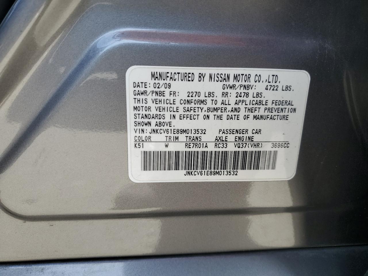 2009 Infiniti G37 Base VIN: JNKCV61E89M013532 Lot: 57336755