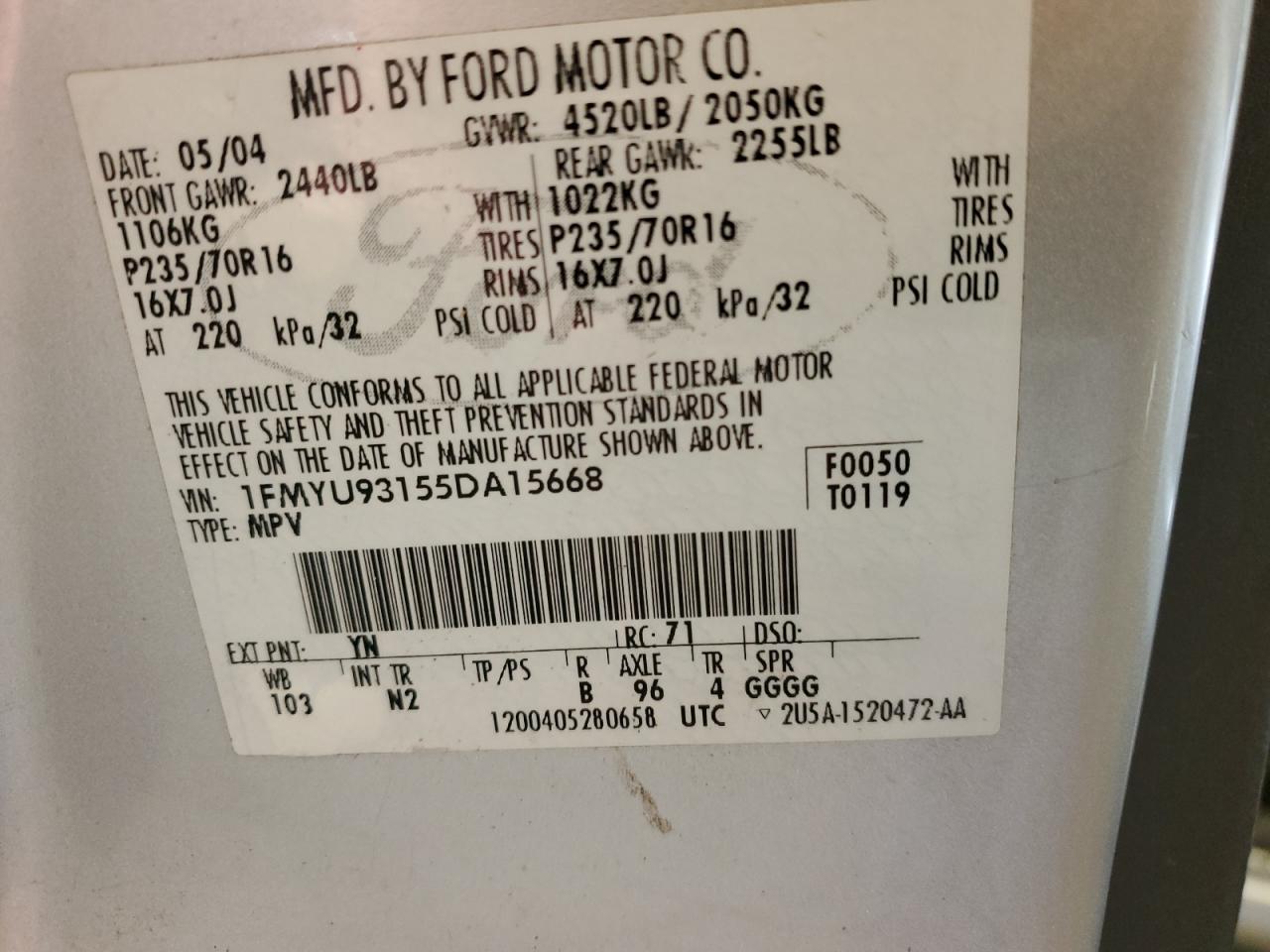 2005 Ford Escape Xlt VIN: 1FMYU93155DA15668 Lot: 57213355