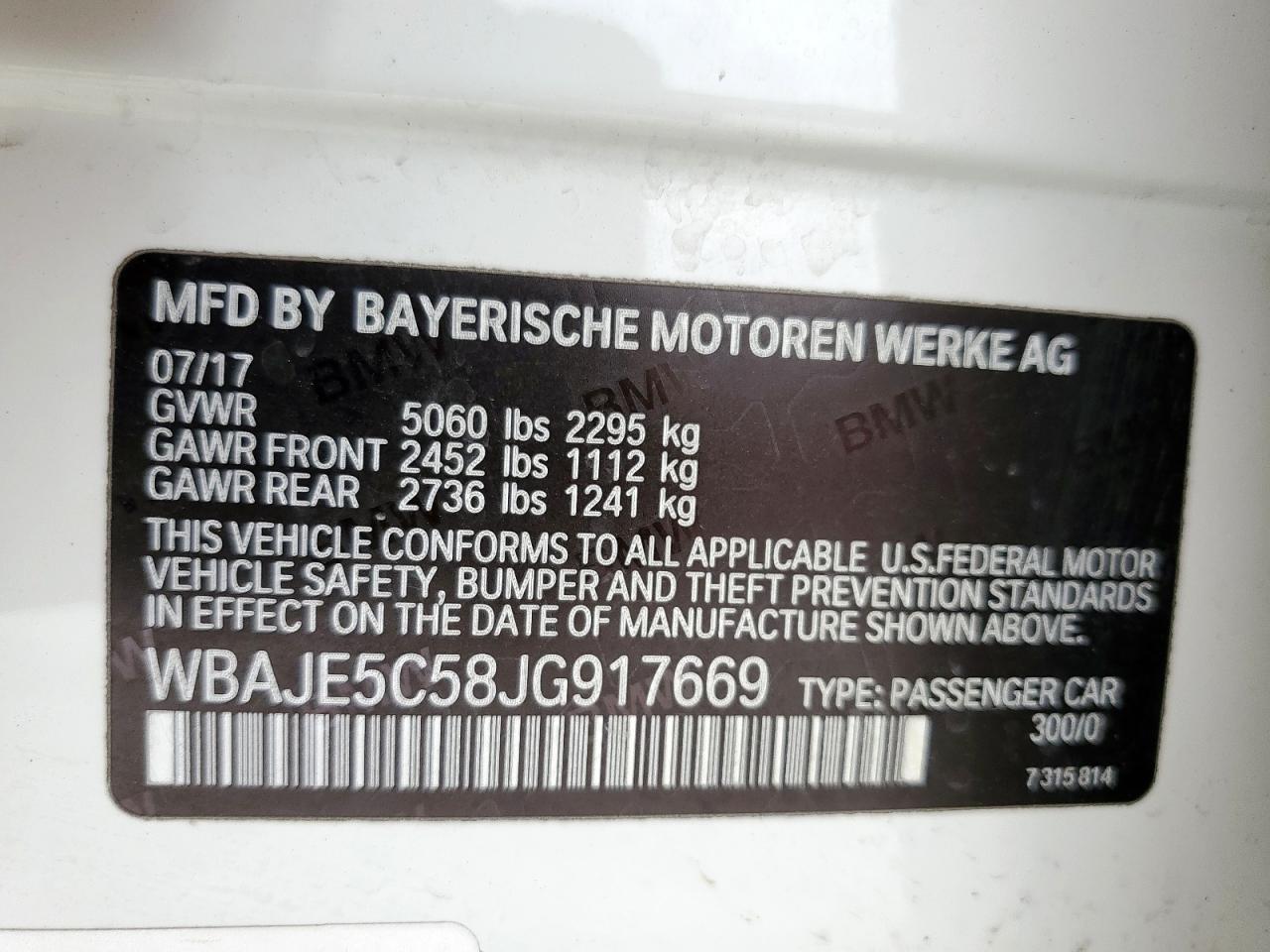 2018 BMW 540 I VIN: WBAJE5C58JG917669 Lot: 57396815