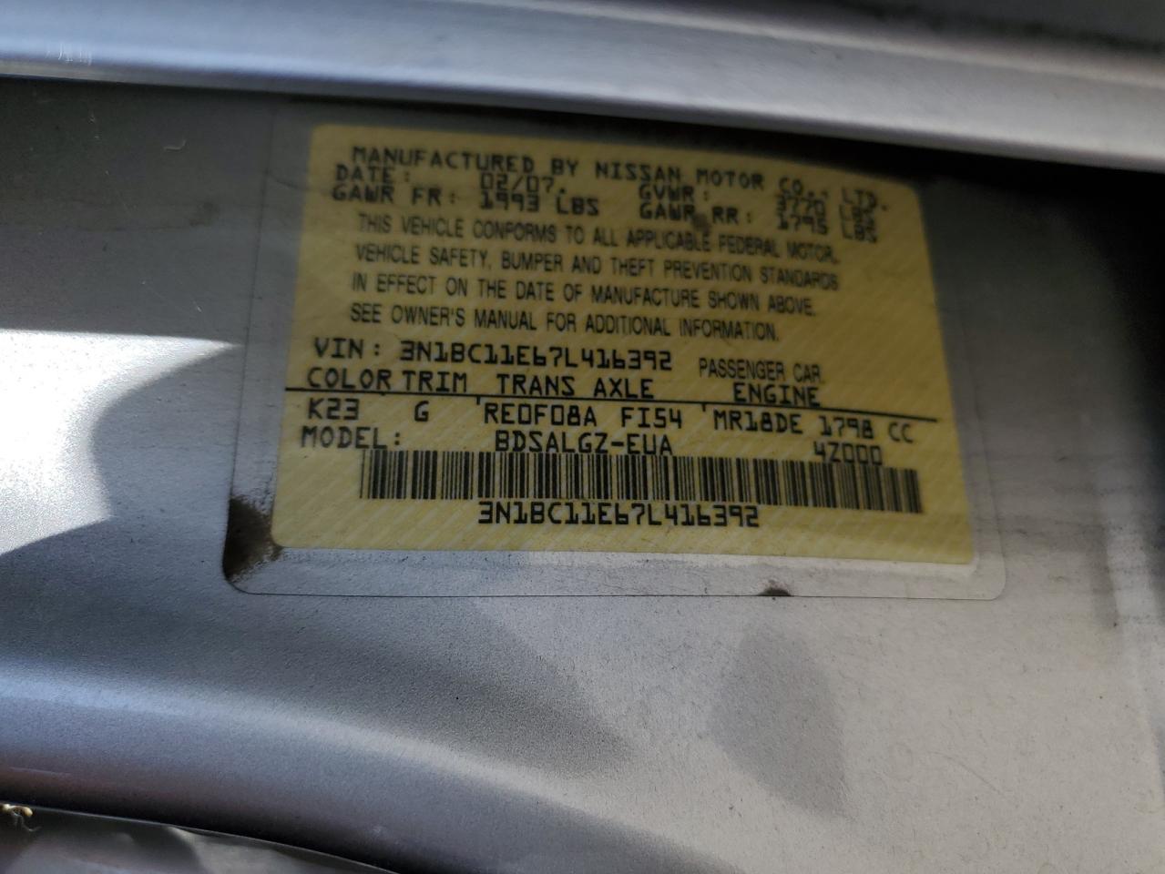 2007 Nissan Versa S VIN: 3N1BC11E67L416392 Lot: 56992945