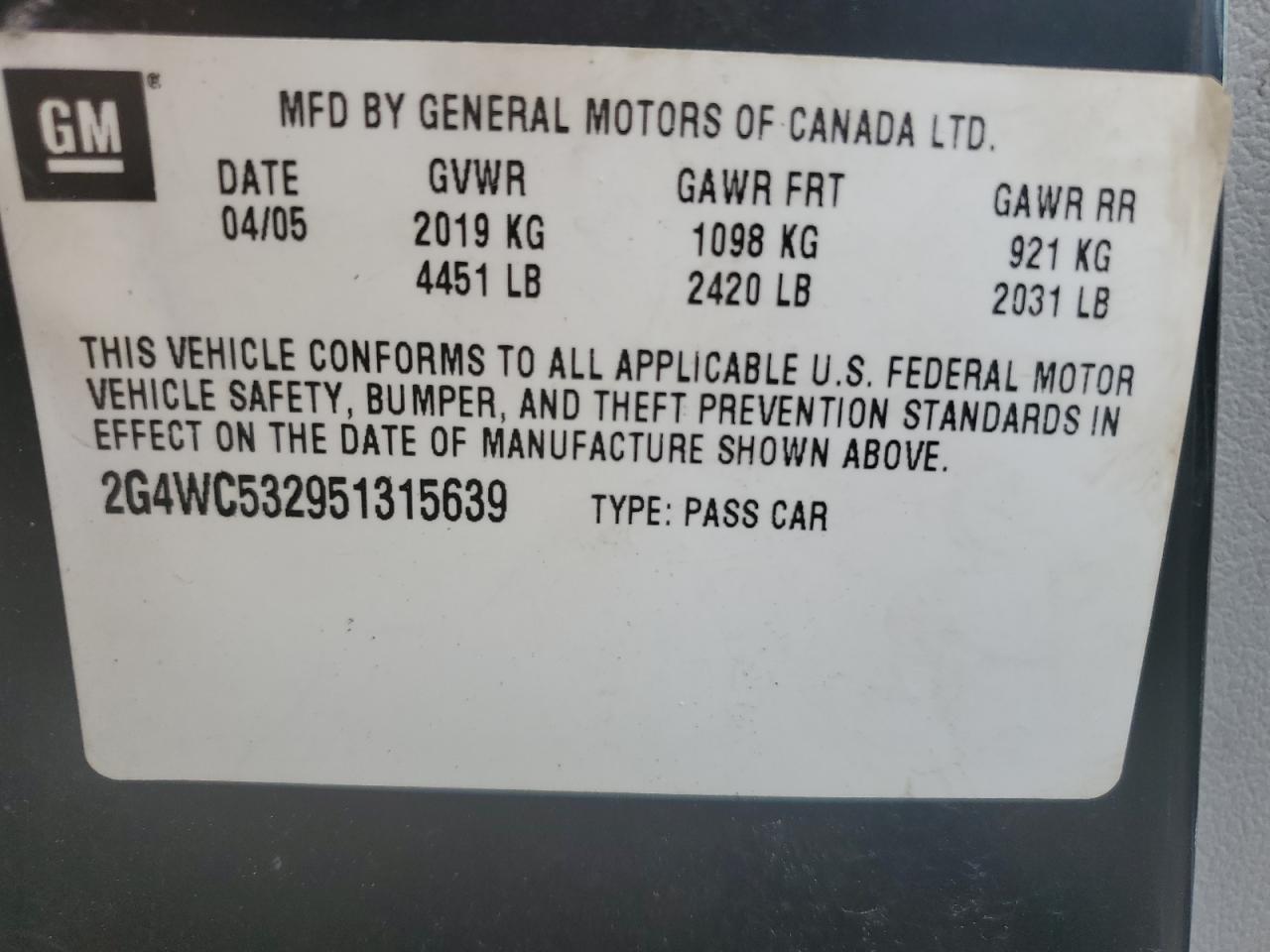 2005 Buick Lacrosse Cx VIN: 2G4WC532951315639 Lot: 56400085