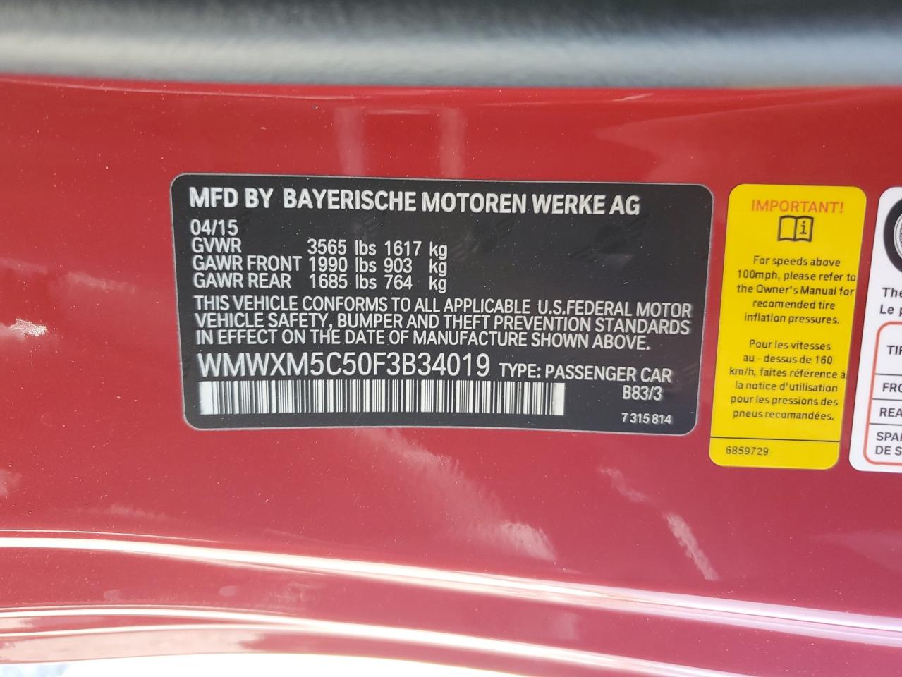 2015 Mini Cooper VIN: WMWXM5C50F3B34019 Lot: 57145745