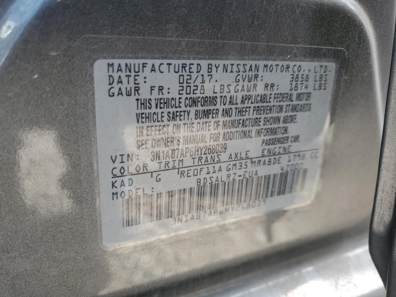 2017 Nissan Sentra S VIN: 3N1AB7AP6HY268039 Lot: 57358935