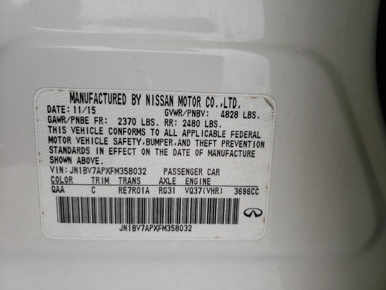 2015 Infiniti Q50 Base VIN: JN1BV7APXFM358032 Lot: 57152185