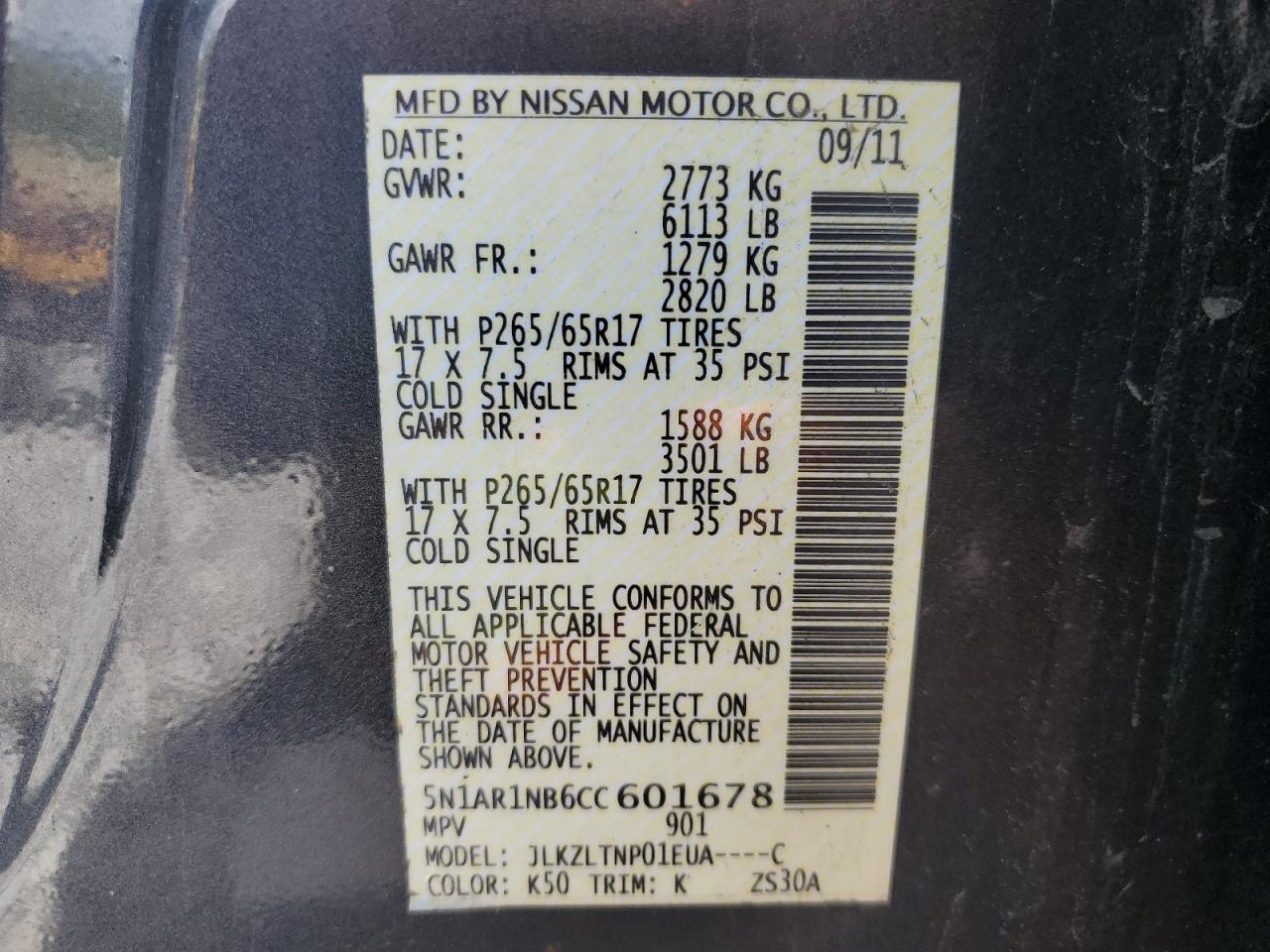 2012 Nissan Pathfinder S VIN: 5N1AR1NB6CC601678 Lot: 57247705