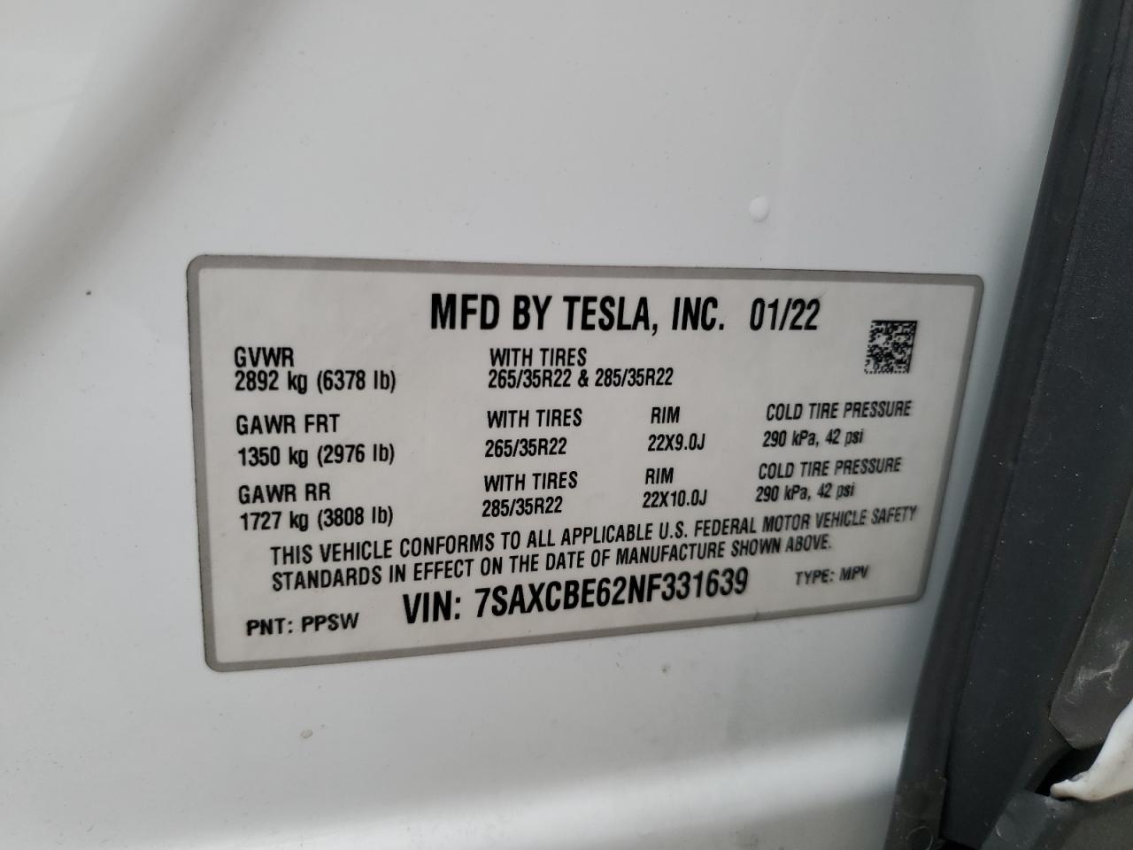 2022 Tesla Model X VIN: 7SAXCBE62NF331639 Lot: 56689885