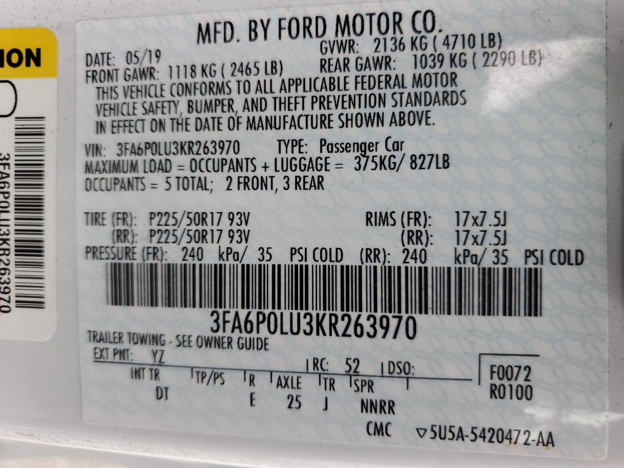 2019 Ford Fusion Se VIN: 3FA6P0LU3KR263970 Lot: 54042645