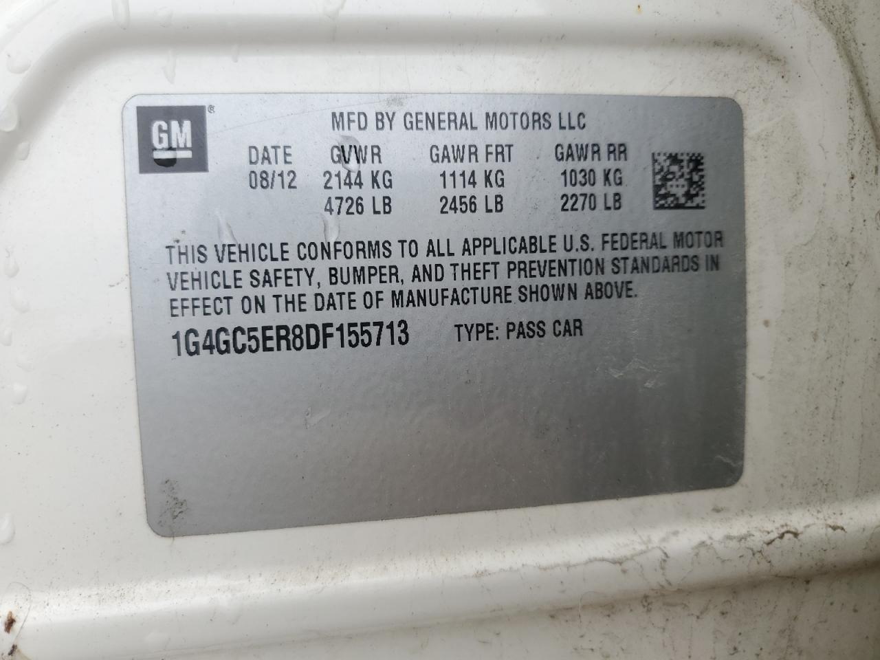 2013 Buick Lacrosse VIN: 1G4GC5ER8DF155713 Lot: 58144445