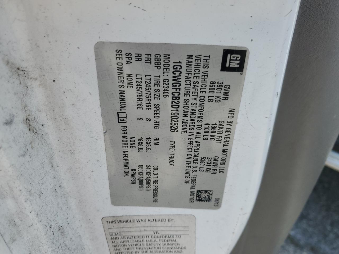 2013 Chevrolet Express G2500 VIN: 1GCWGFCB2D1902526 Lot: 58527565