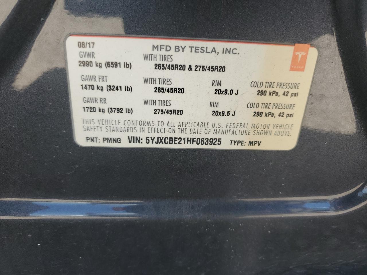 2017 Tesla Model X VIN: 5YJXCBE21HF063925 Lot: 55888105