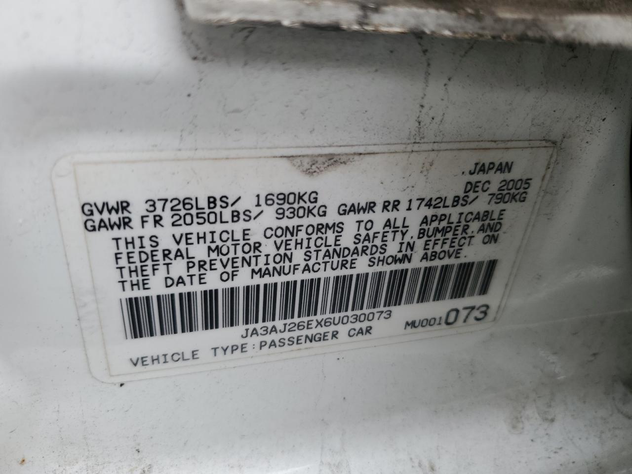 2006 Mitsubishi Lancer Es VIN: JA3AJ26EX6U030073 Lot: 56619585
