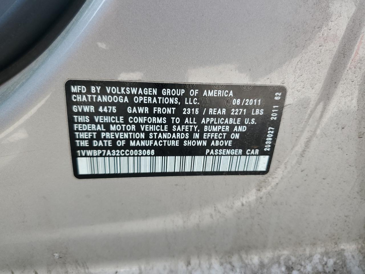 2012 Volkswagen Passat Se VIN: 1VWBP7A32CC003066 Lot: 57179695