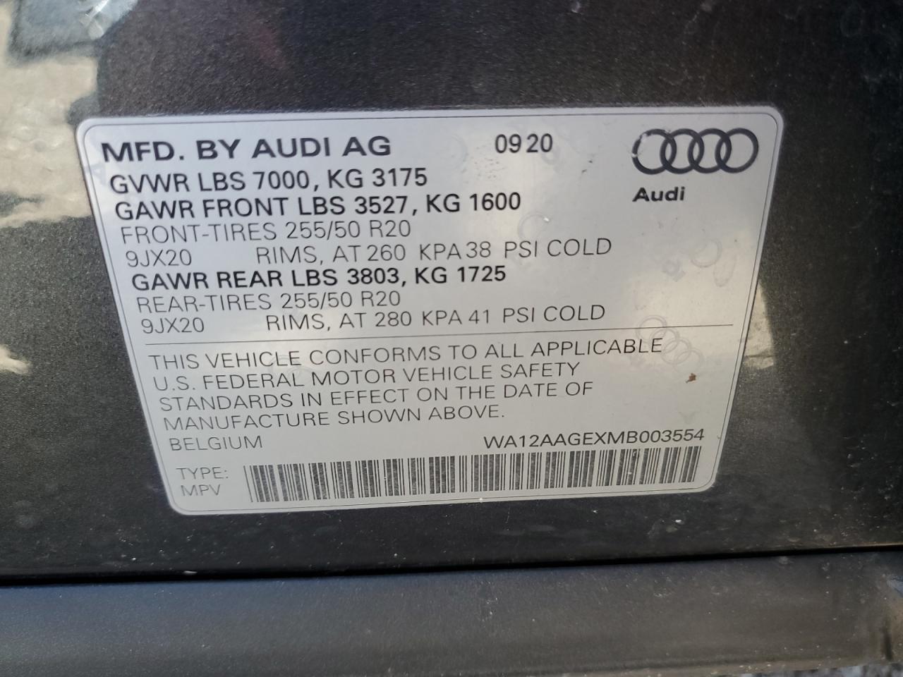 2021 Audi E-Tron Sportback Premium Plus VIN: WA12AAGEXMB003554 Lot: 54198255