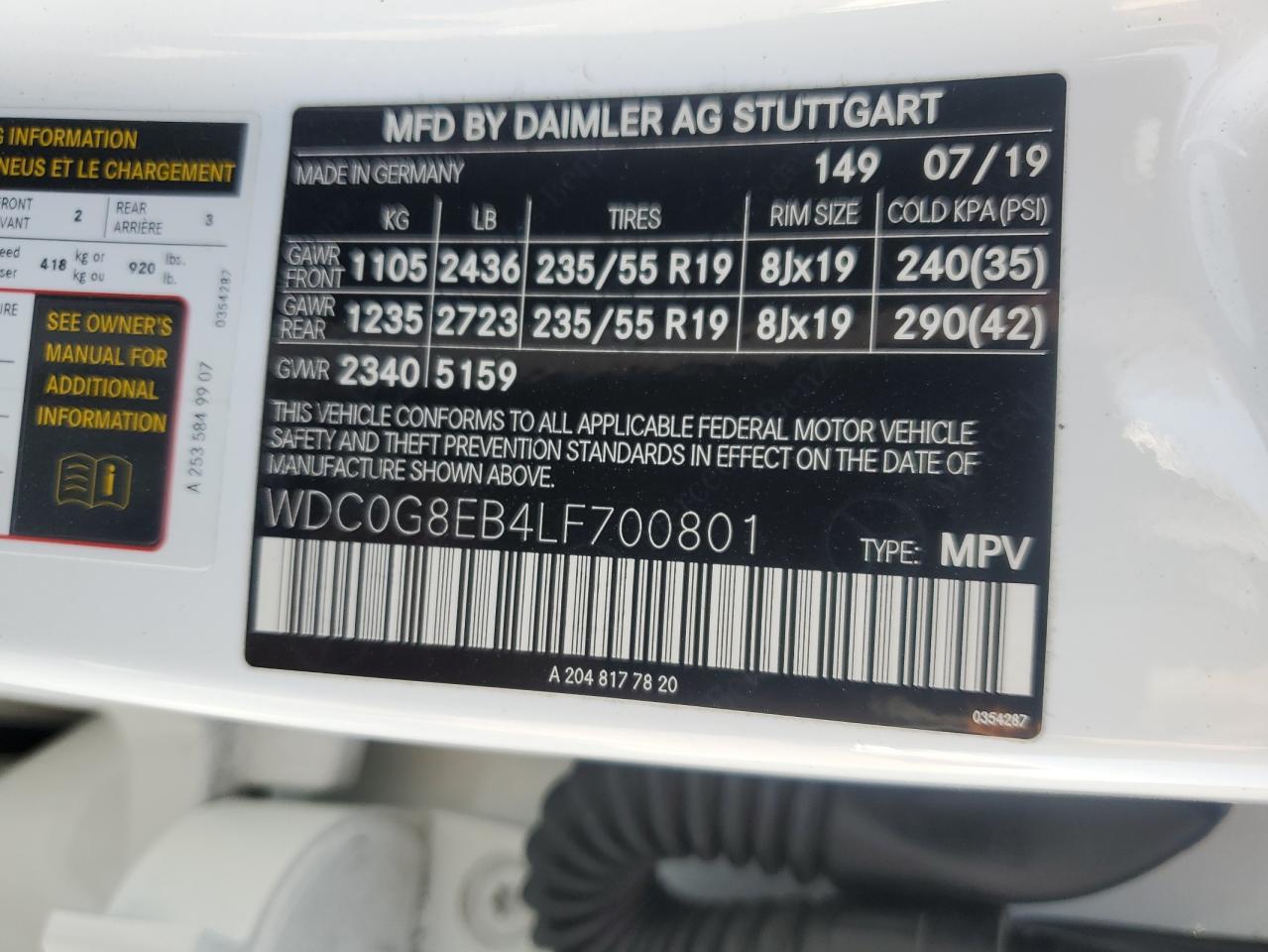 2020 Mercedes-Benz Glc 300 4Matic VIN: WDC0G8EB4LF700801 Lot: 56239455