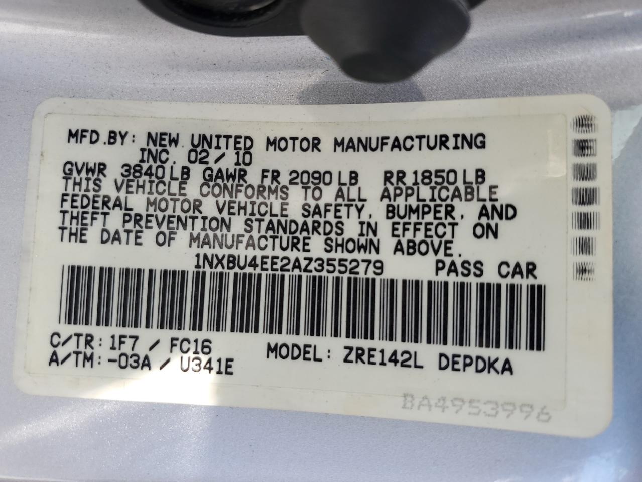 2010 Toyota Corolla Base VIN: 1NXBU4EE2AZ355279 Lot: 57111135