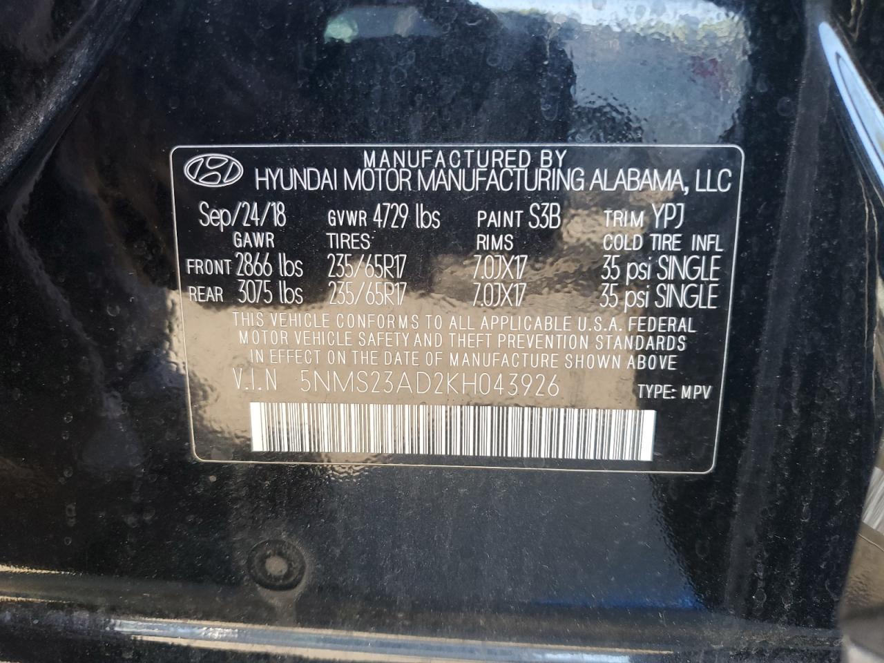 2019 Hyundai Santa Fe Se VIN: 5NMS23AD2KH043926 Lot: 56939305