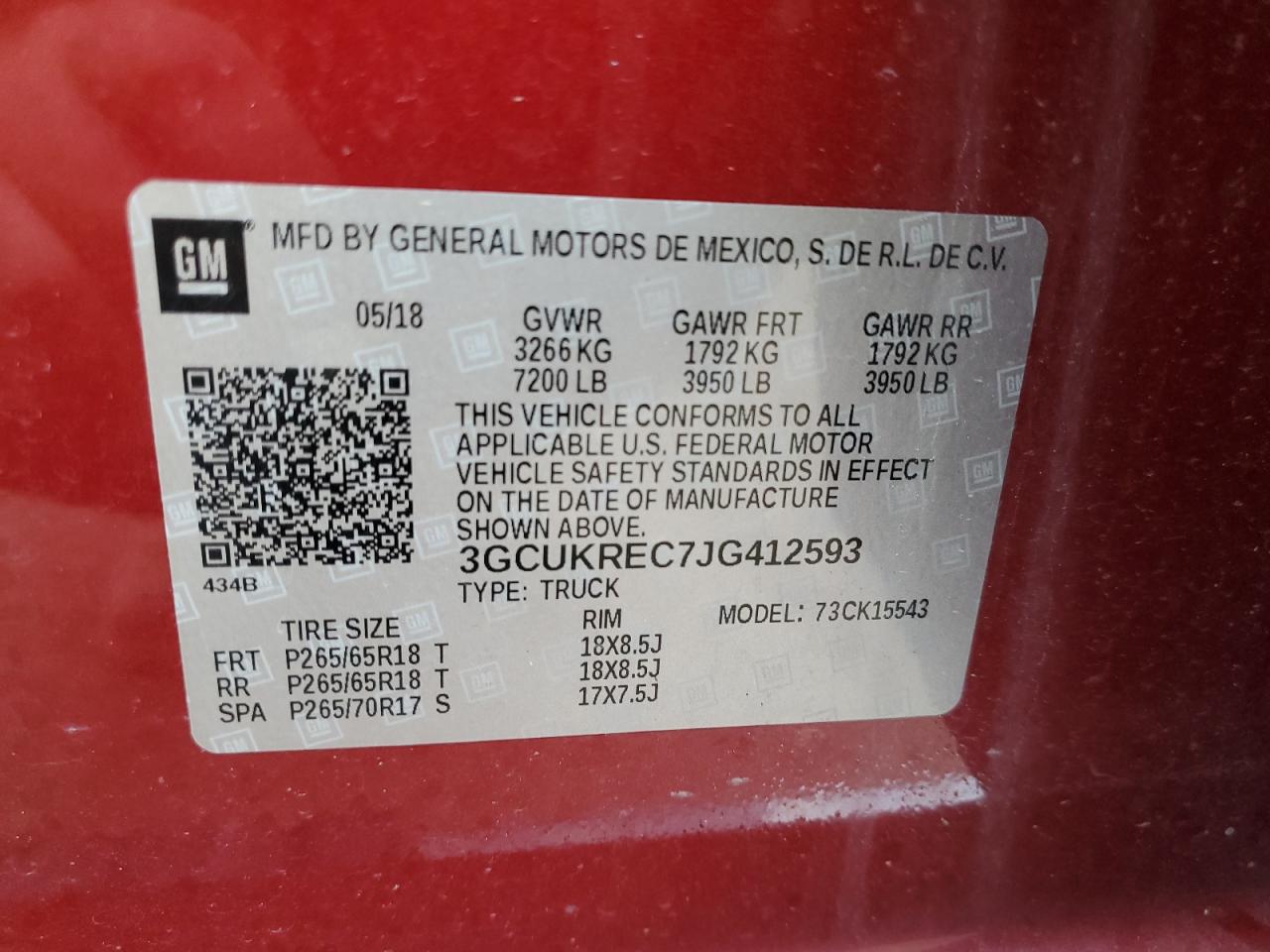 2018 Chevrolet Silverado K1500 Lt VIN: 3GCUKREC7JG412593 Lot: 55048095