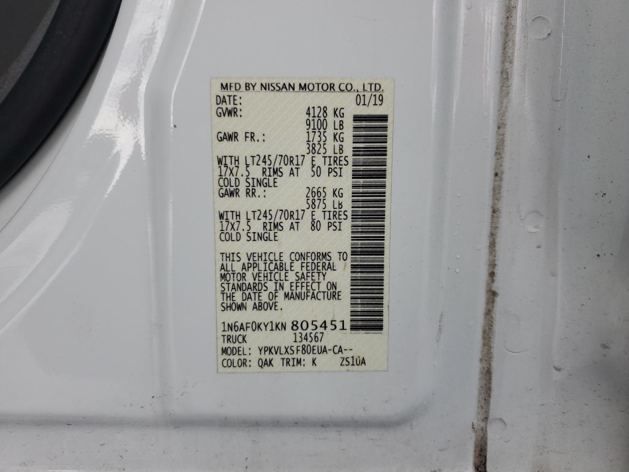2019 Nissan Nv 2500 S VIN: 1N6AF0KY1KN805451 Lot: 57117725