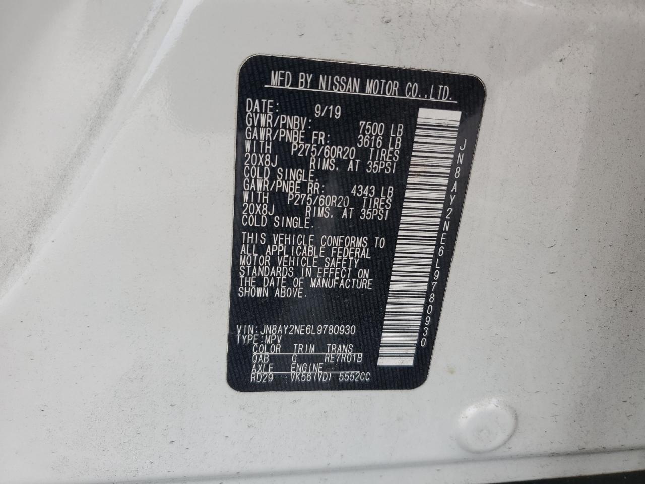 2020 Nissan Armada Platinum VIN: JN8AY2NE6L9780930 Lot: 55833225