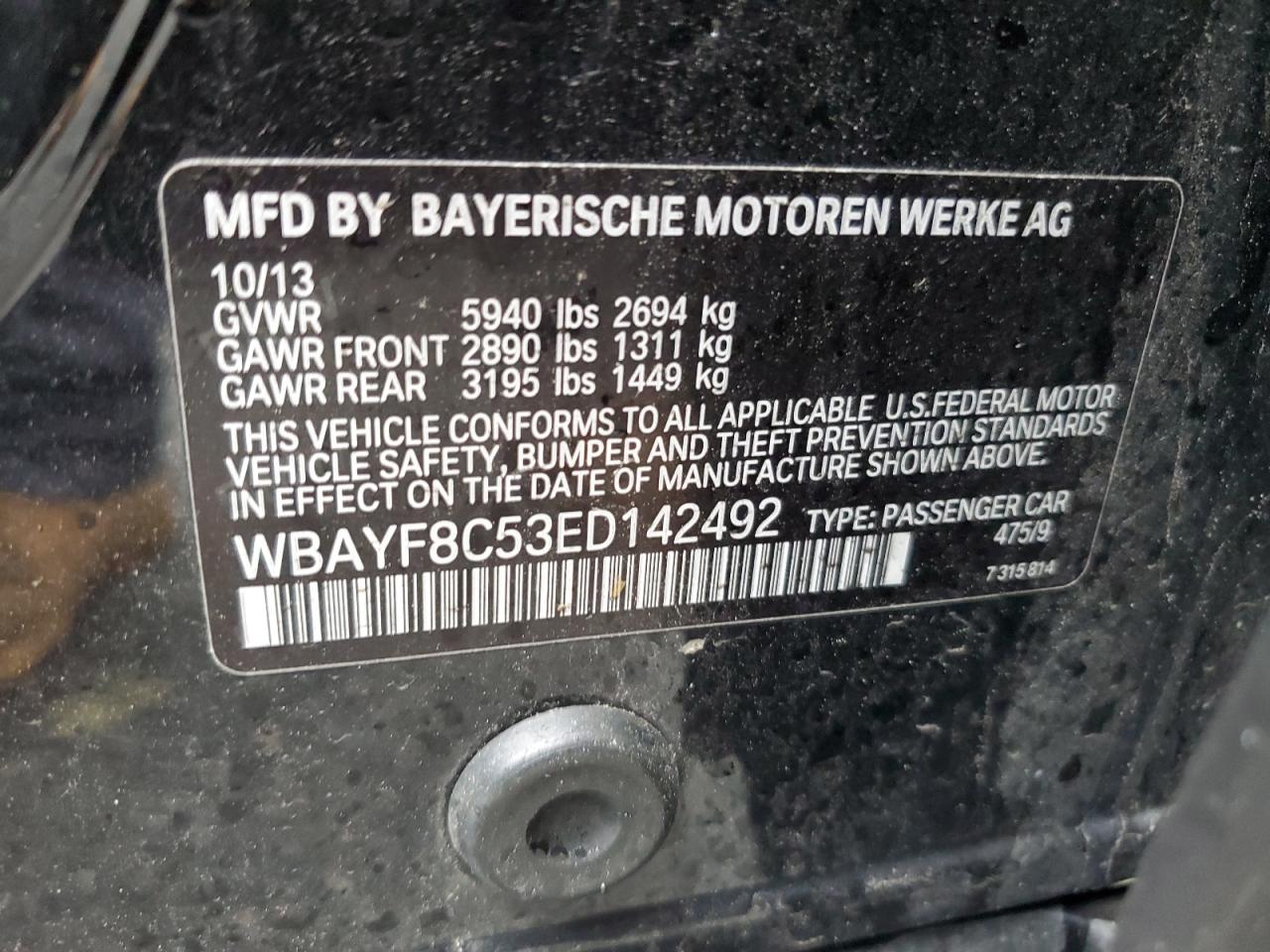 2014 BMW 750 Lxi VIN: WBAYF8C53ED142492 Lot: 58545935