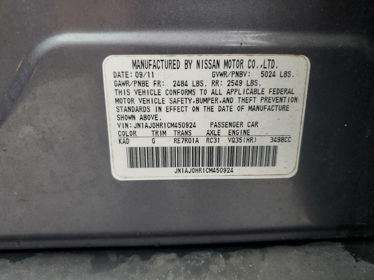 2012 Infiniti Ex35 Base VIN: JN1AJ0HR1CM450924 Lot: 56691545