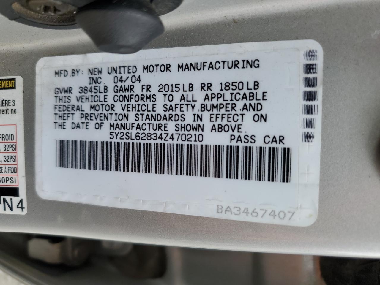 2004 Pontiac Vibe VIN: 5Y2SL62834Z470210 Lot: 56881515