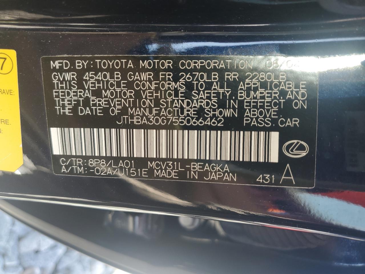 2005 Lexus Es 330 VIN: JTHBA30G755066462 Lot: 57060385