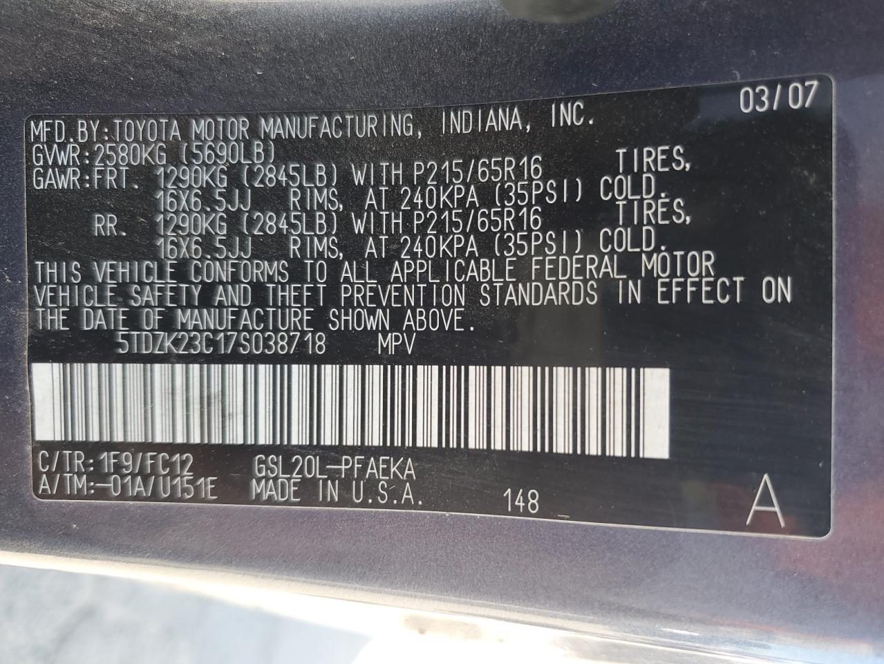 2007 Toyota Sienna Ce VIN: 5TDZK23C17S038718 Lot: 57179015