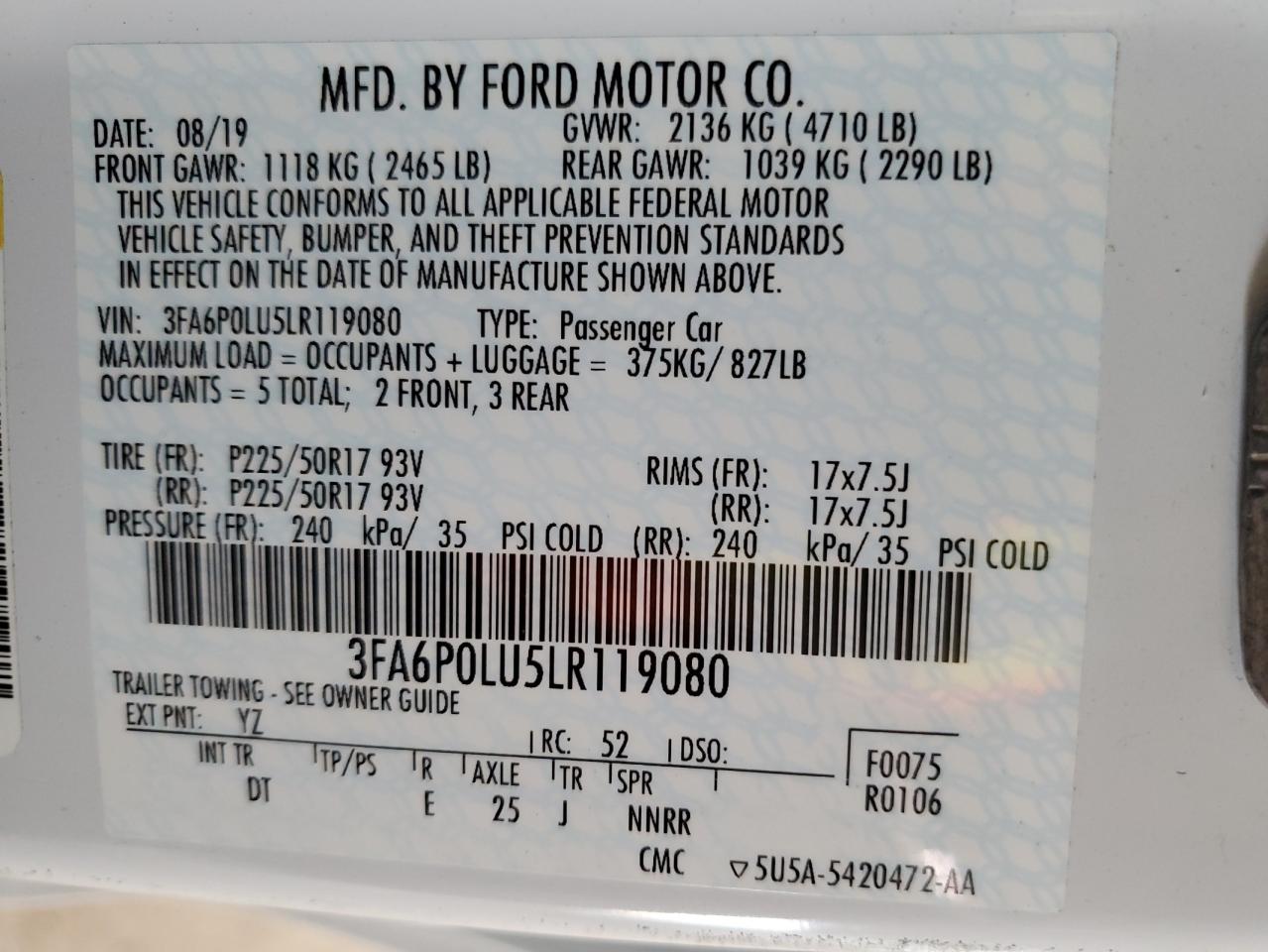 2020 Ford Fusion Se VIN: 3FA6P0LU5LR119080 Lot: 58943075