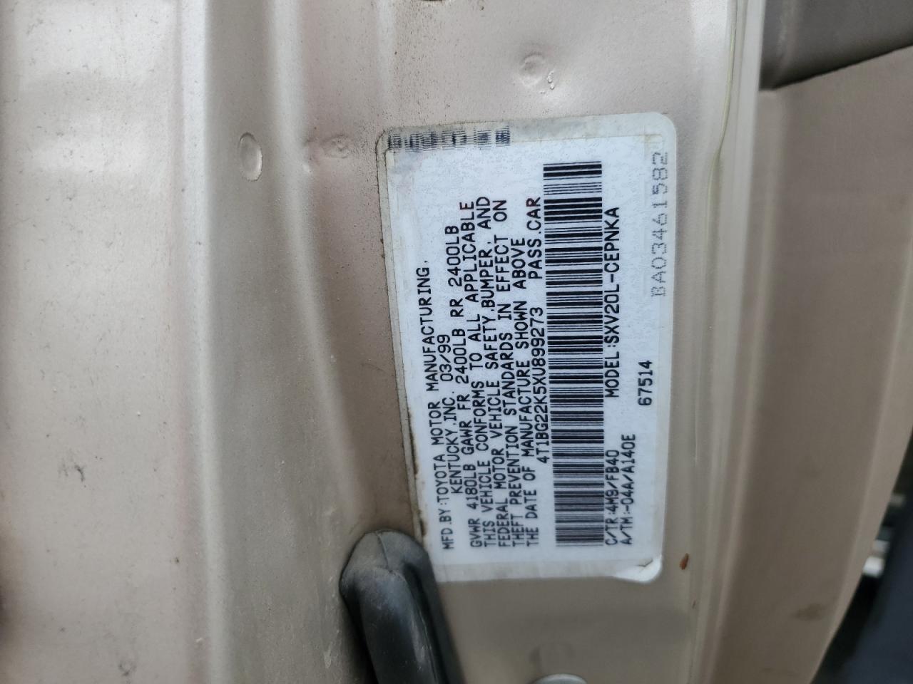 1999 Toyota Camry Ce VIN: 4T1BG22K5XU899273 Lot: 55764255