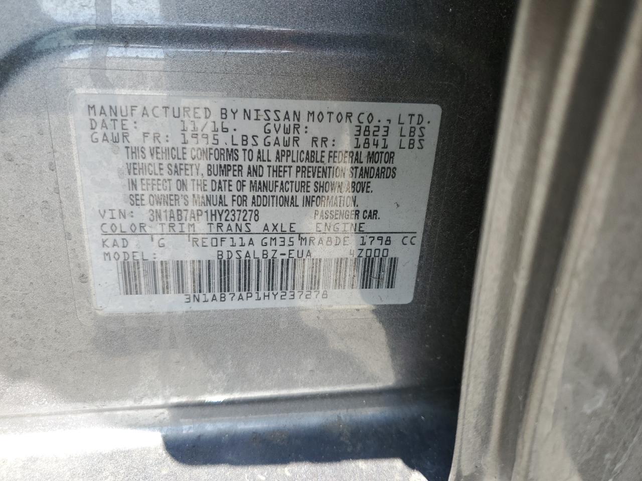 2017 Nissan Sentra S VIN: 3N1AB7AP1HY237278 Lot: 58757575
