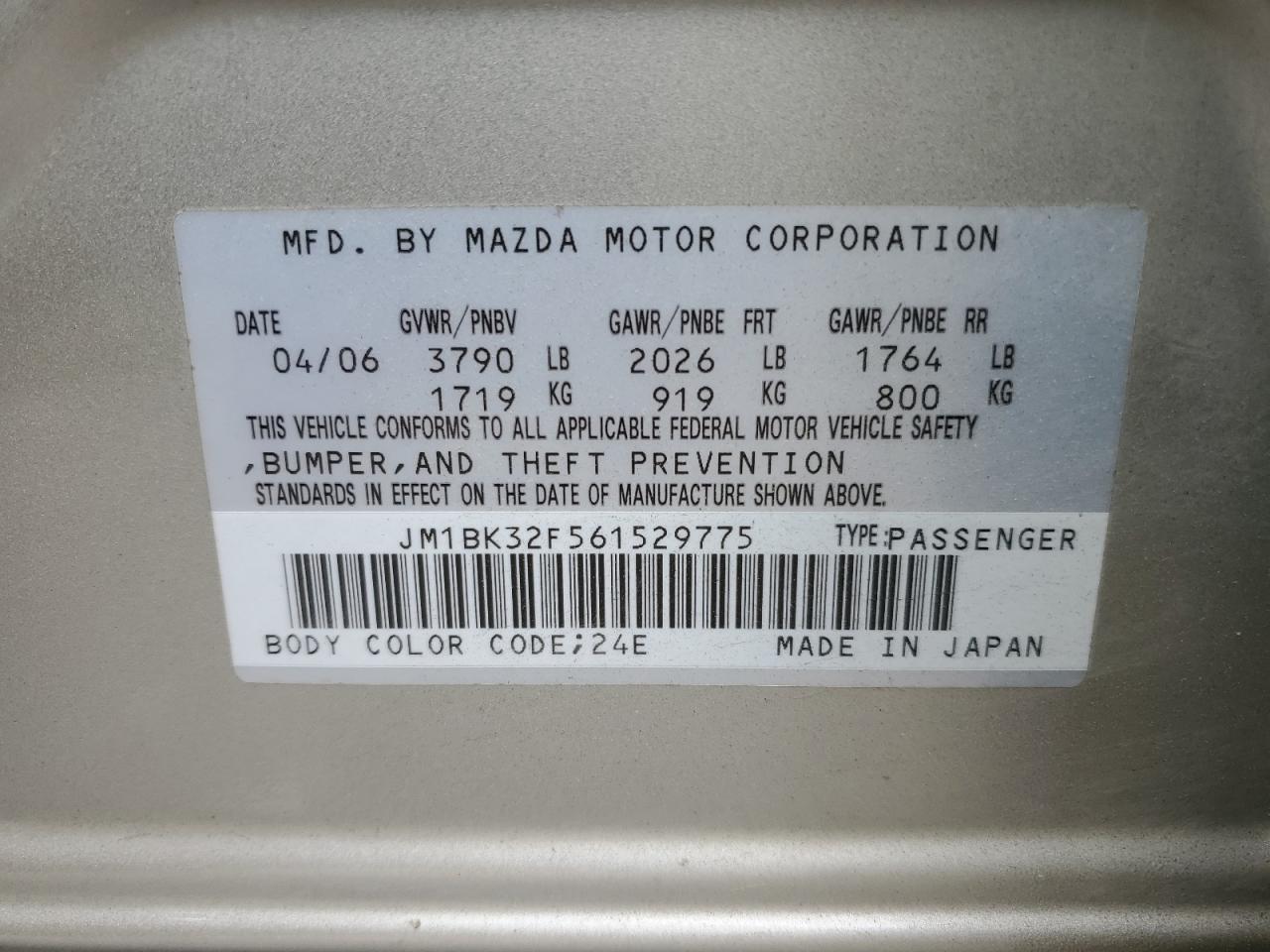2006 Mazda 3 I VIN: JM1BK32F561529775 Lot: 57393315