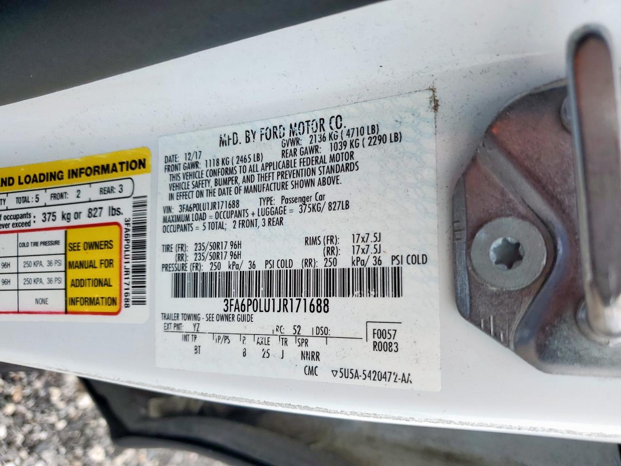 2018 Ford Fusion Se Hybrid VIN: 3FA6P0LU1JR171688 Lot: 54035225