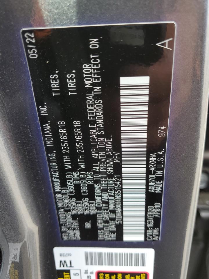 2022 Toyota Highlander Hybrid Xle VIN: 5TDHARAH4NS515421 Lot: 56248435