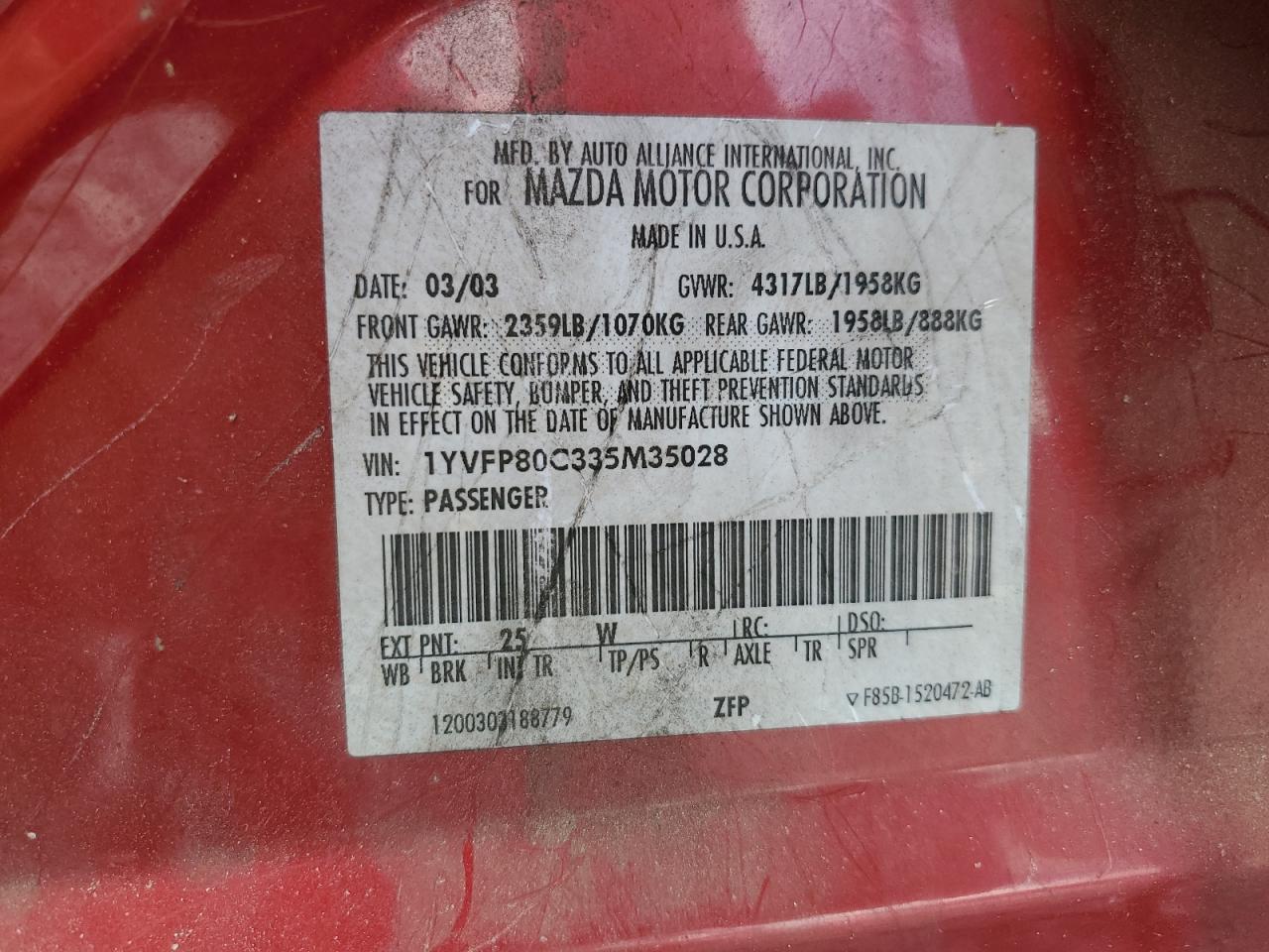 2003 Mazda 6 I VIN: 1YVFP80C335M35028 Lot: 58489875