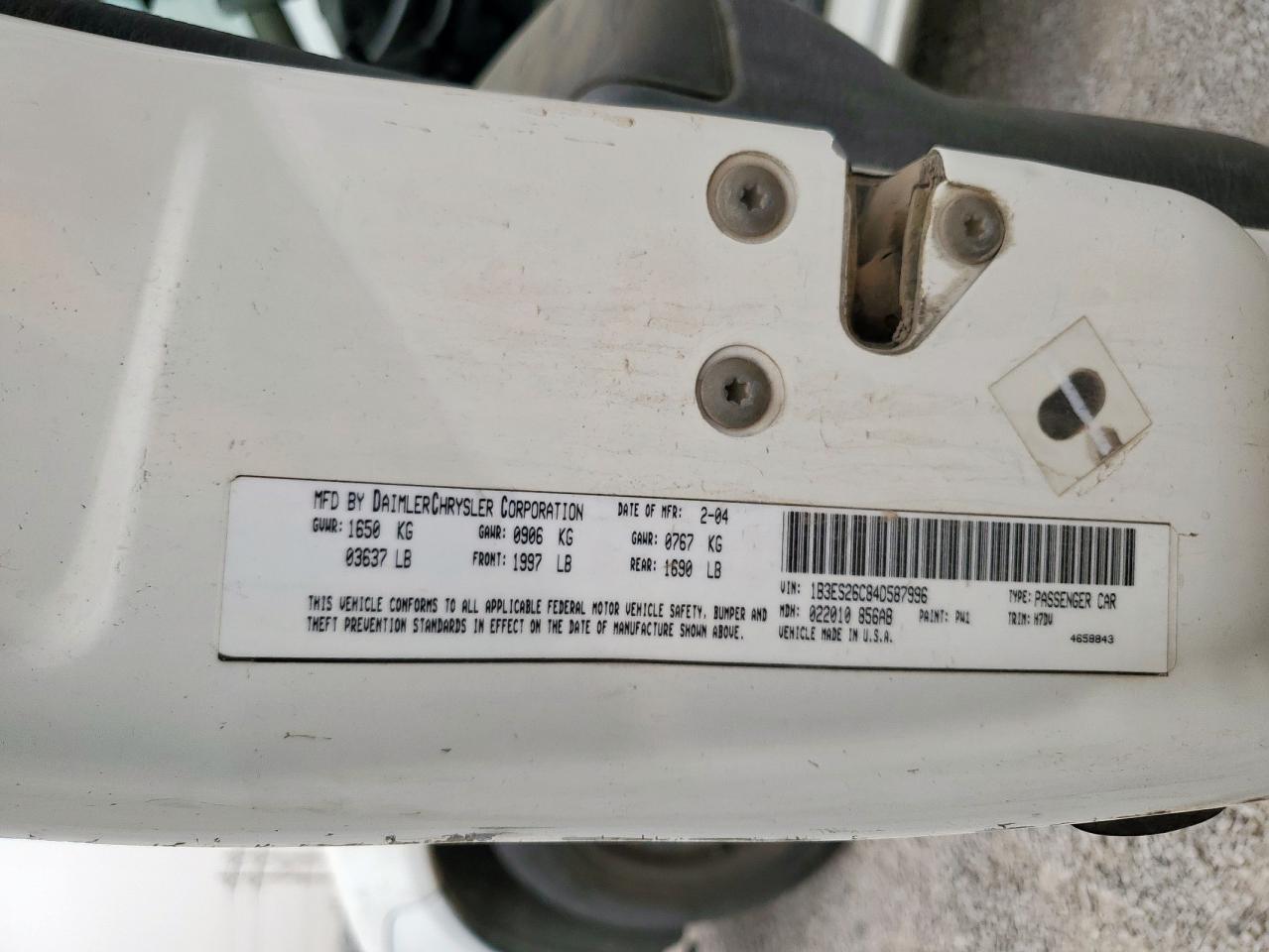 2004 Dodge Neon Base VIN: 1B3ES26C84D587996 Lot: 57187175