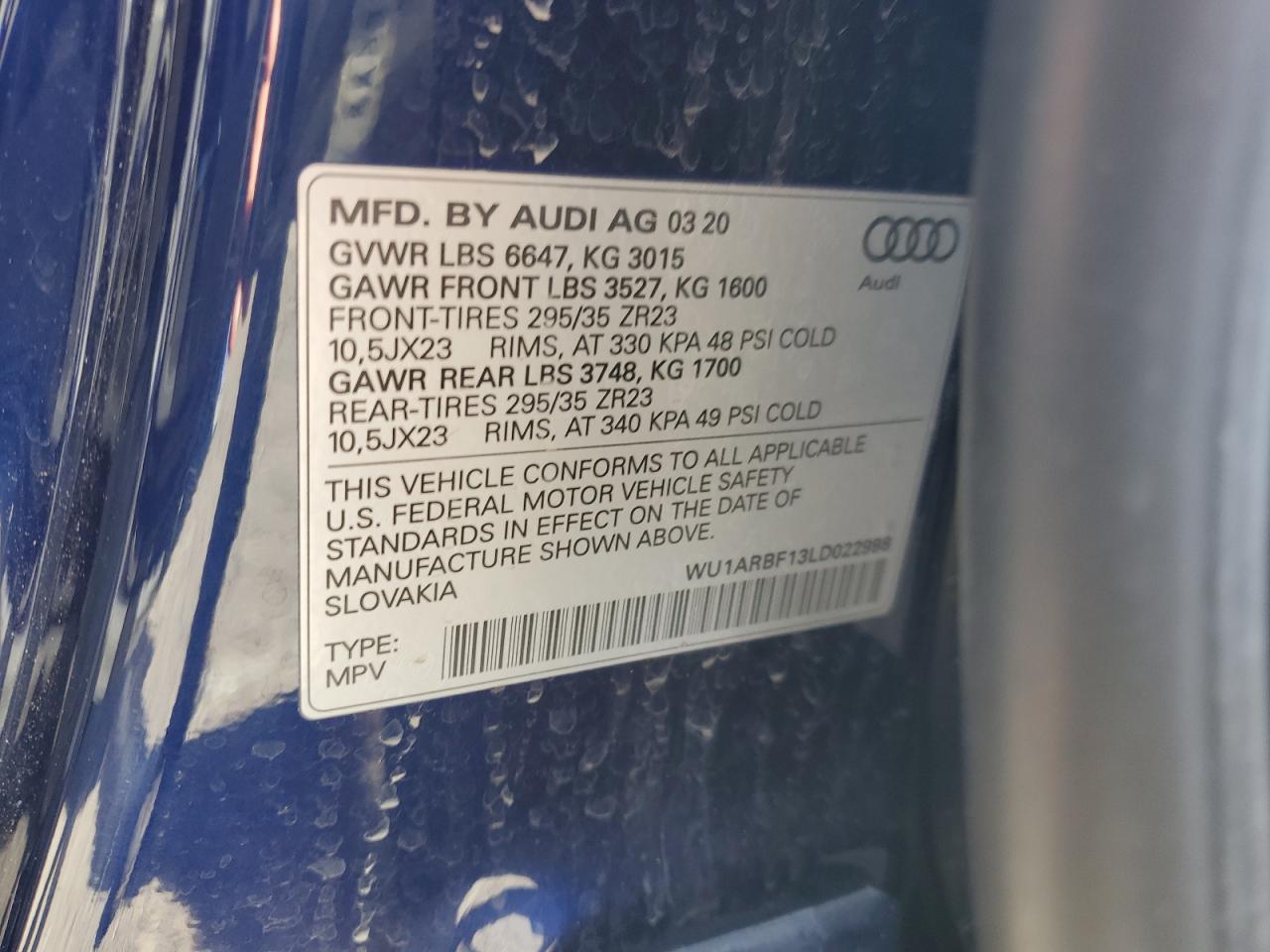 2020 Audi Rs Q8 VIN: WU1ARBF13LD022998 Lot: 56417735