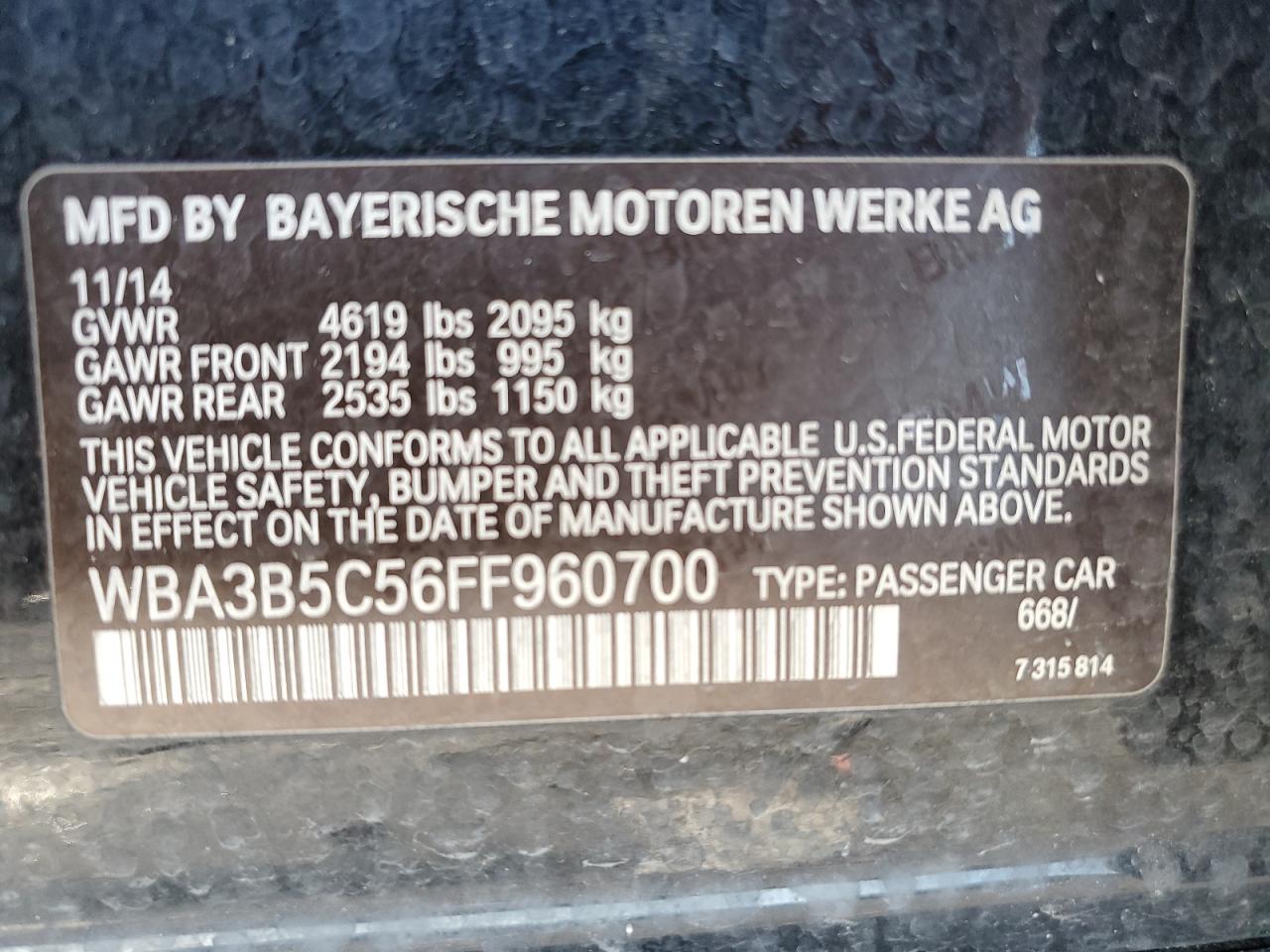 2015 BMW 328 Xi Sulev VIN: WBA3B5C56FF960700 Lot: 56754225