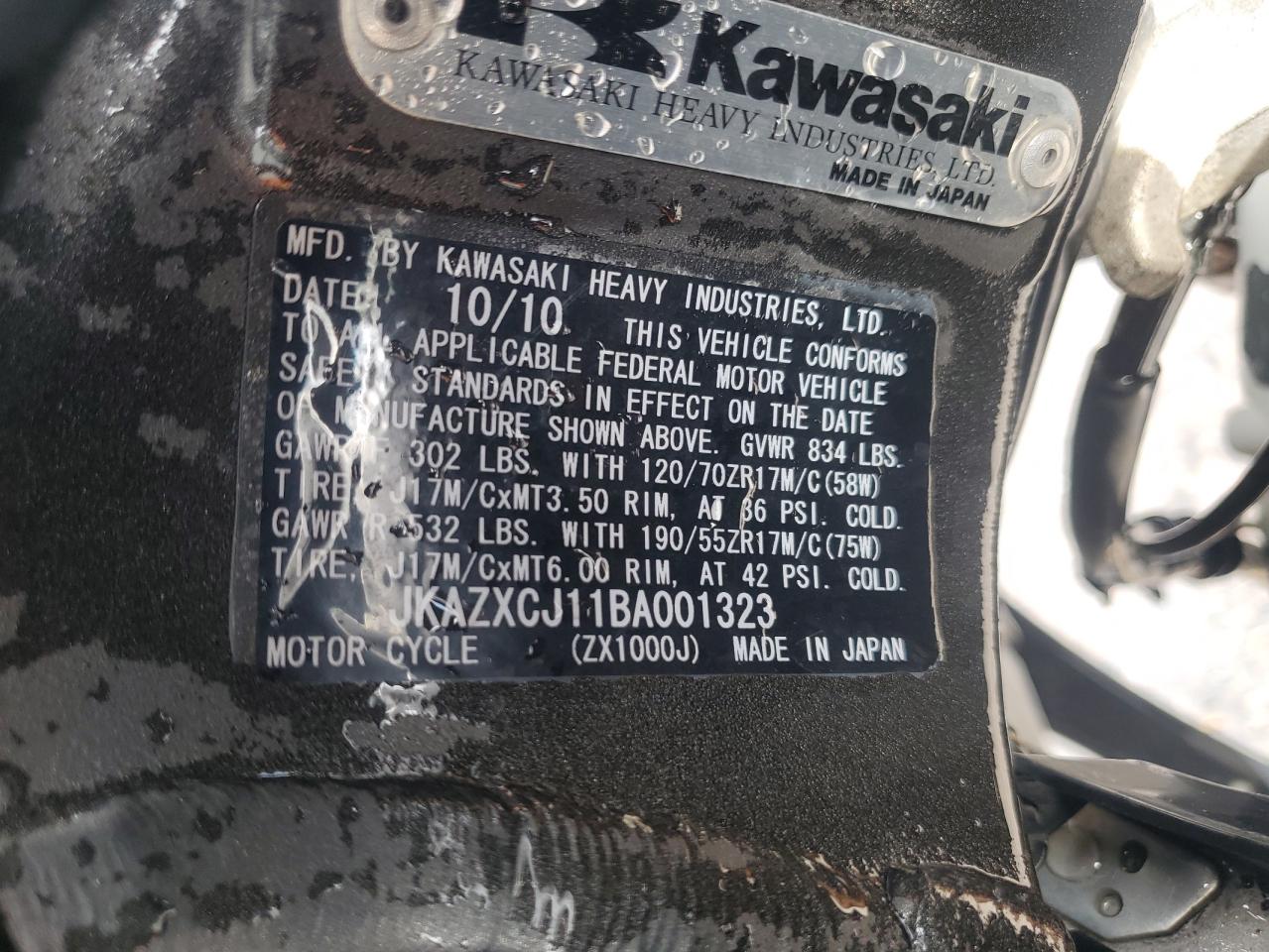 2011 Kawasaki Zx1000 J VIN: JKAZXCJ11BA001323 Lot: 58389425
