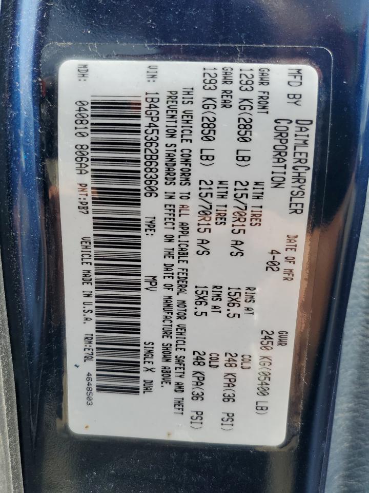 2002 Dodge Caravan Sport VIN: 1B4GP45362B683606 Lot: 55359585